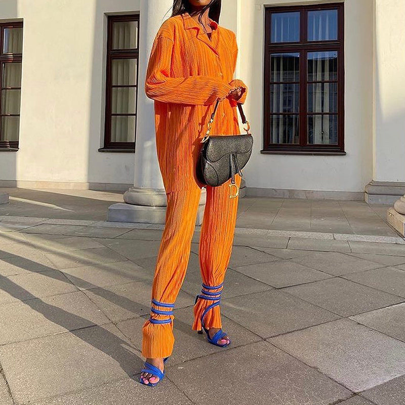 Causal Set Loose Button-Down Shirt and Pleated Wide Leg Pants