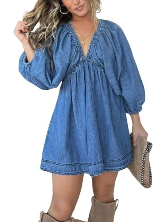 Women's V-Neck Solid Denim Garment Dress