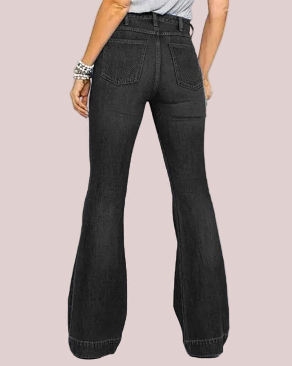 Ladies Flared High Waist Denim Button Stretch Trousers