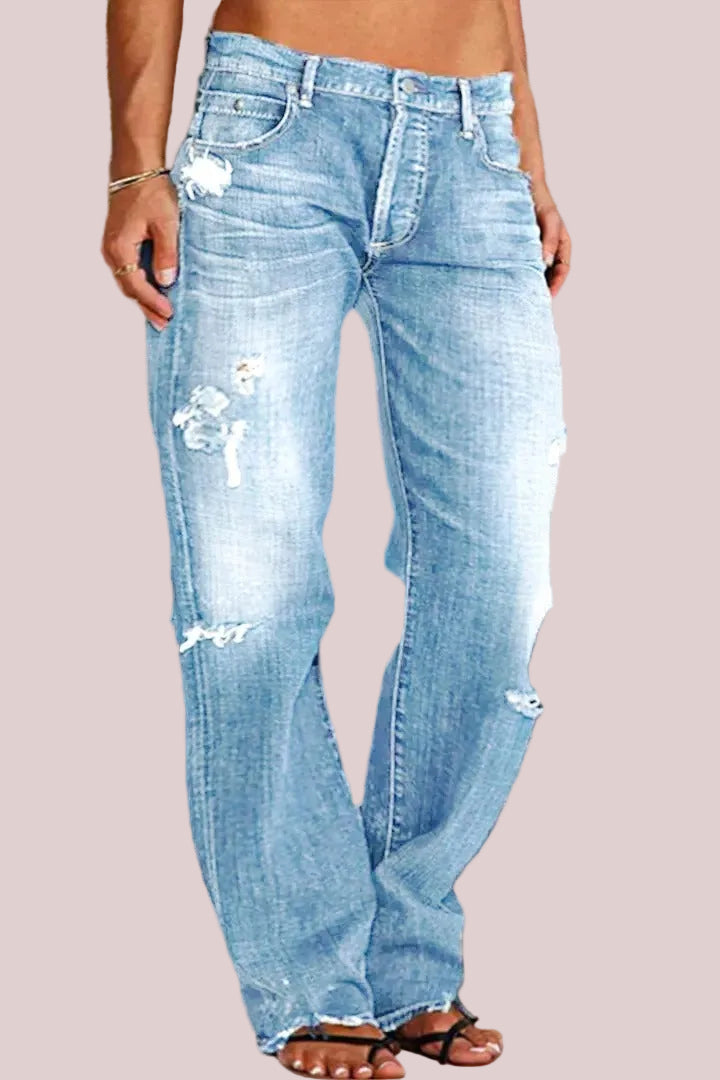 Ripped Low Waist Straight Leg Jeans