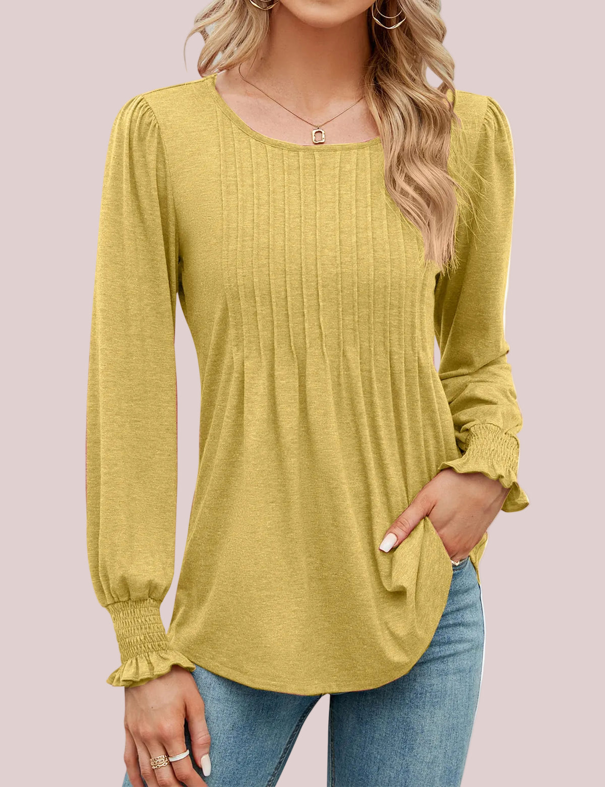 Women's Pleated Puff Long Sleeve Tunic Tops