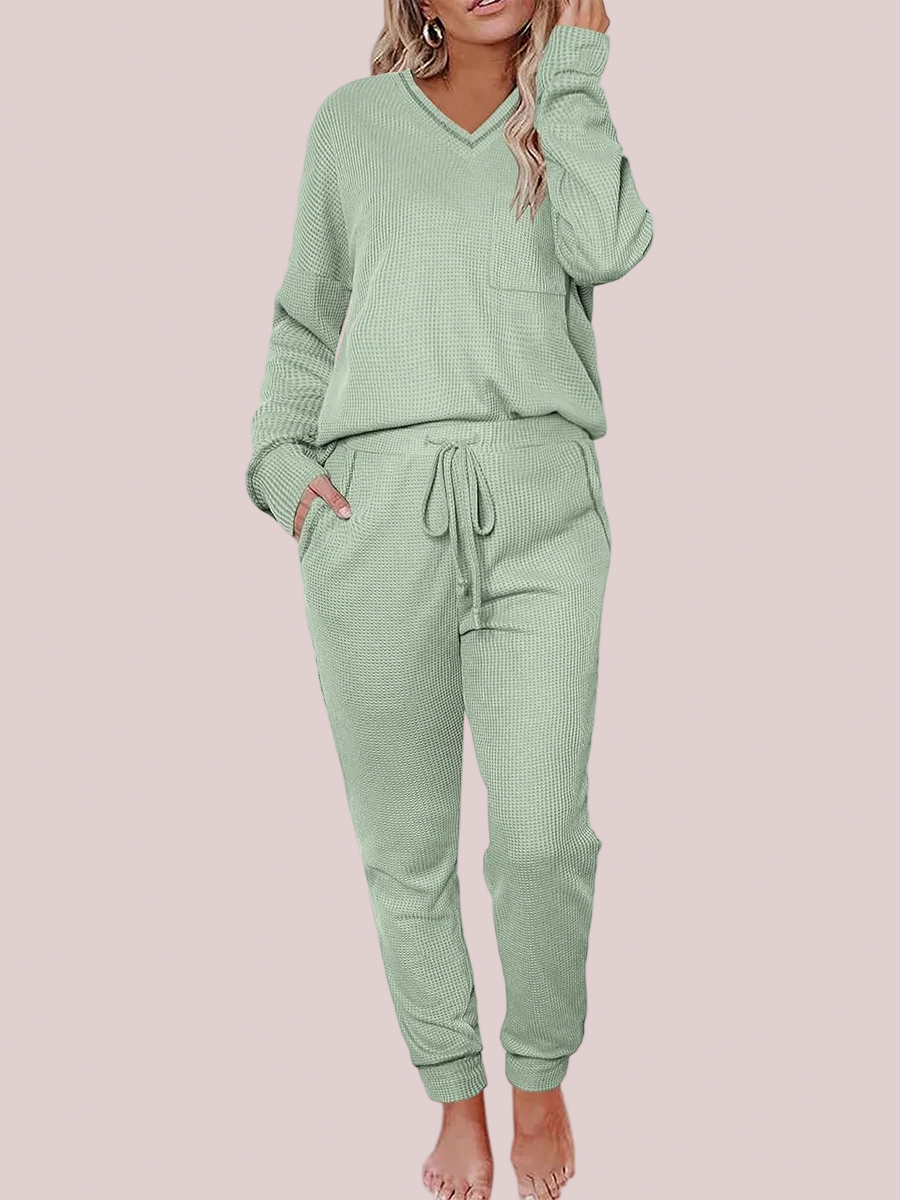 Women's V Neck Waffle Knit Two Piece Lounge Sets