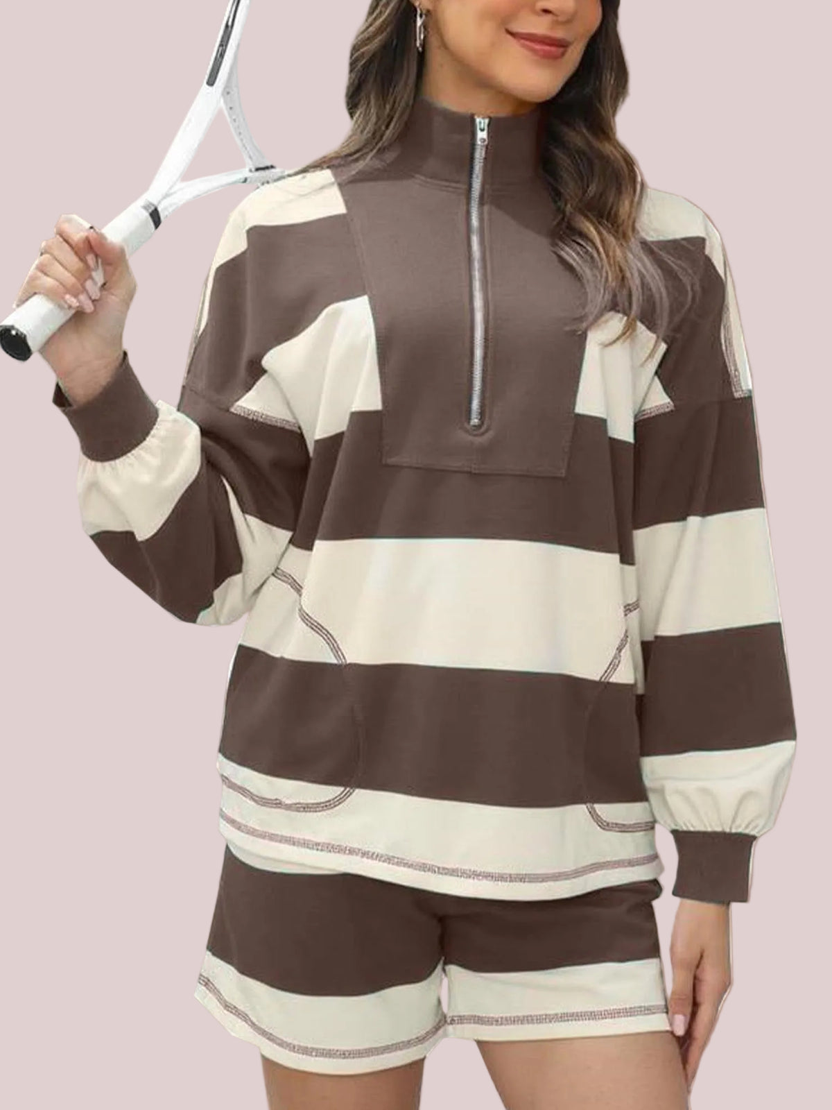 Women's 2 Piece Striped Long Sleeve Quarter Zip Lounge Set