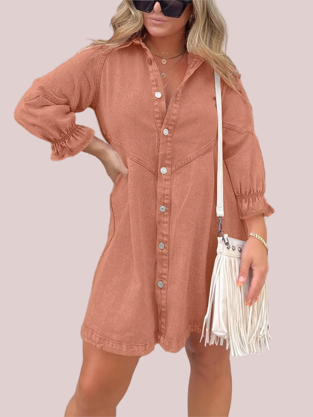 Women's Washed Denim Puff Sleeve Dress
