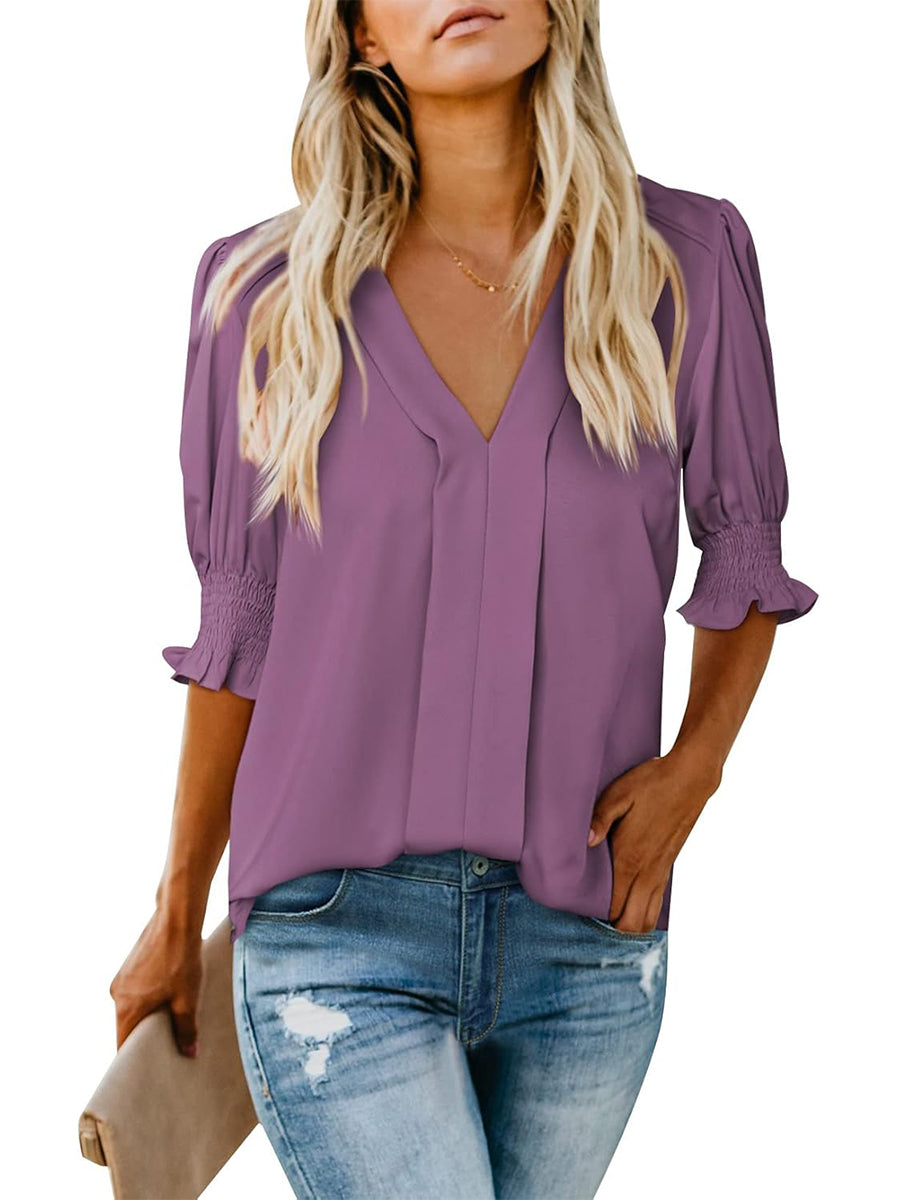 Women's Solid Casual V Neck Puff Sleeve Shirts