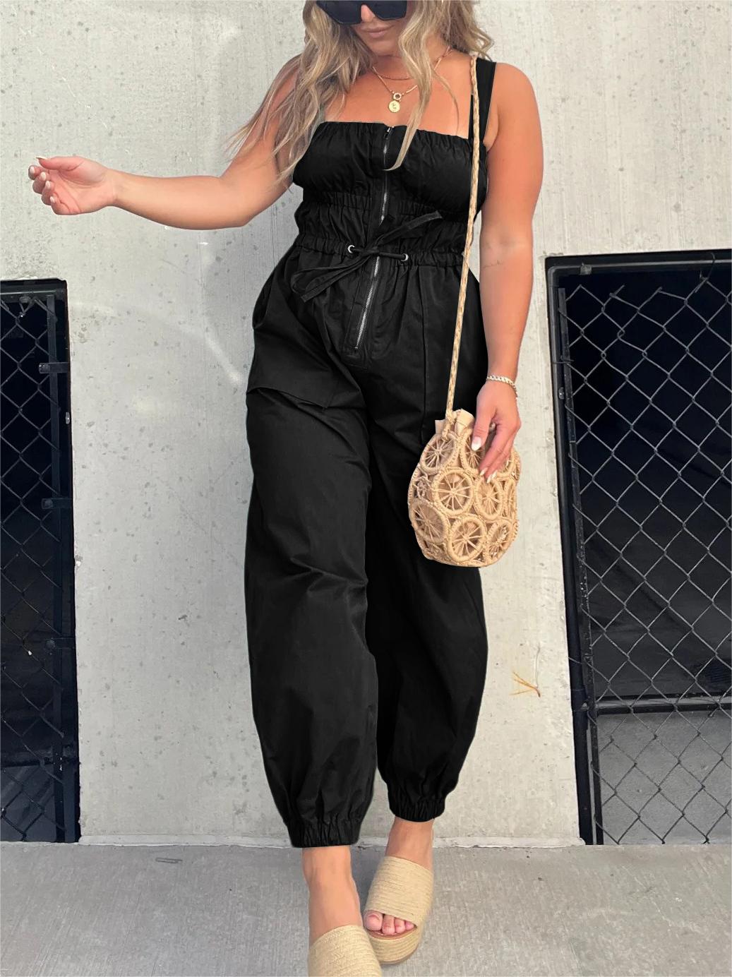 Ruched Elastic Front Zipper Cargo Jumpsuit