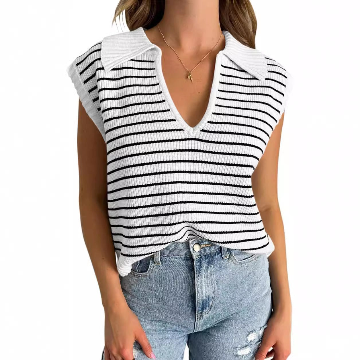 Women's V-Neck Sleeveless Striped Top