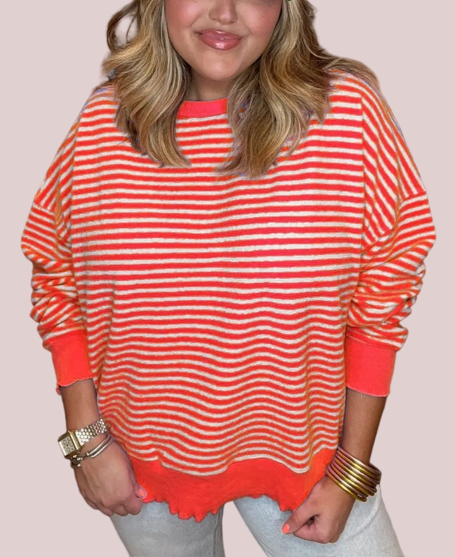 Women's Casual Lettuce Edge Striped Pullover
