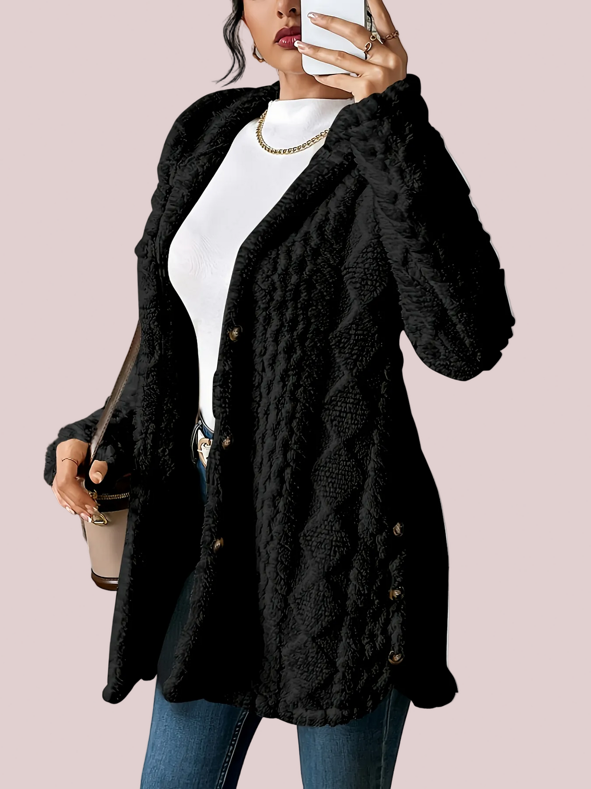 Women's Soft Fleece Button Hooded Long Sleeve Coat