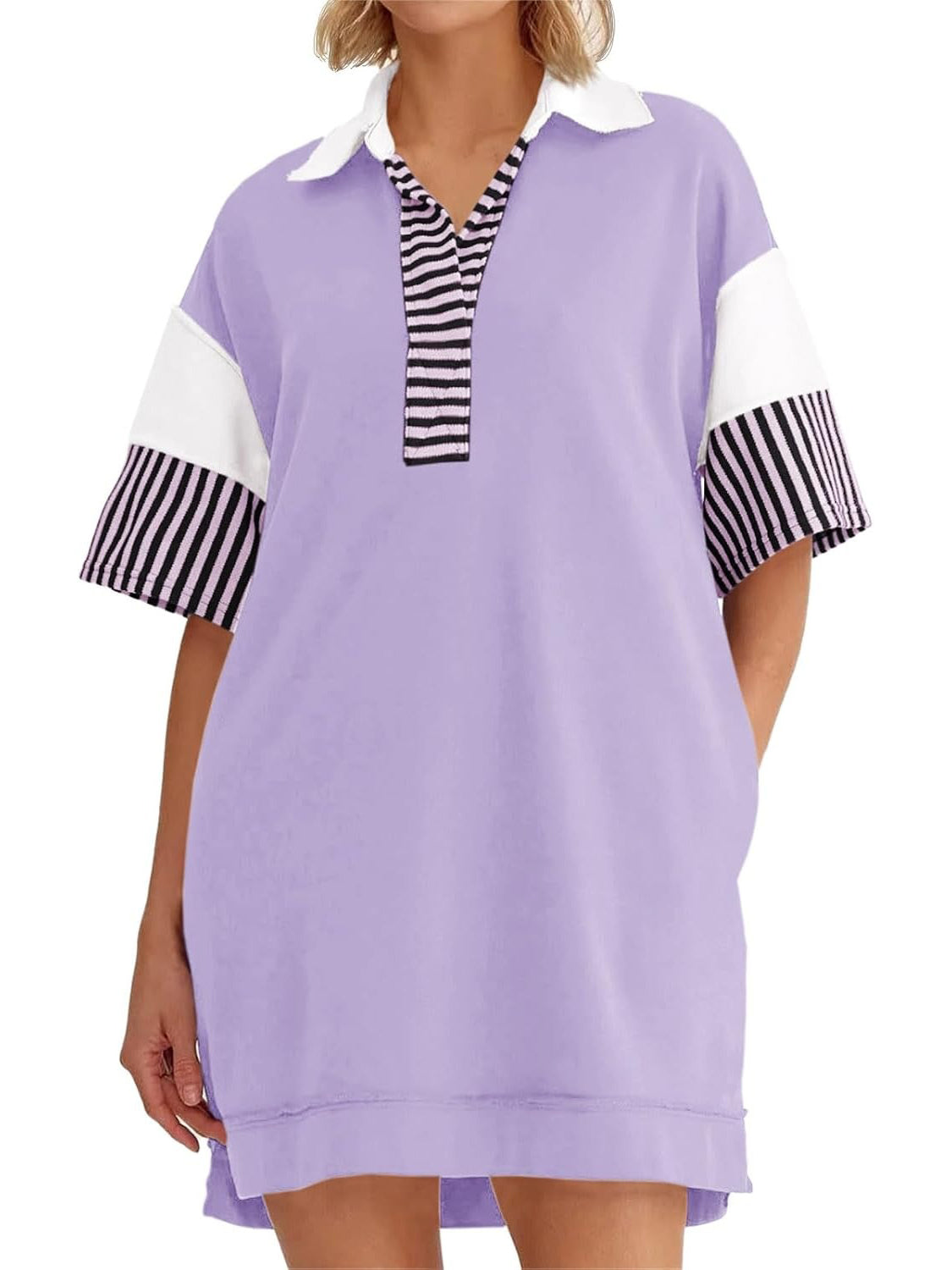 Women's Striped Colorblock Polo Collar Casual Dress