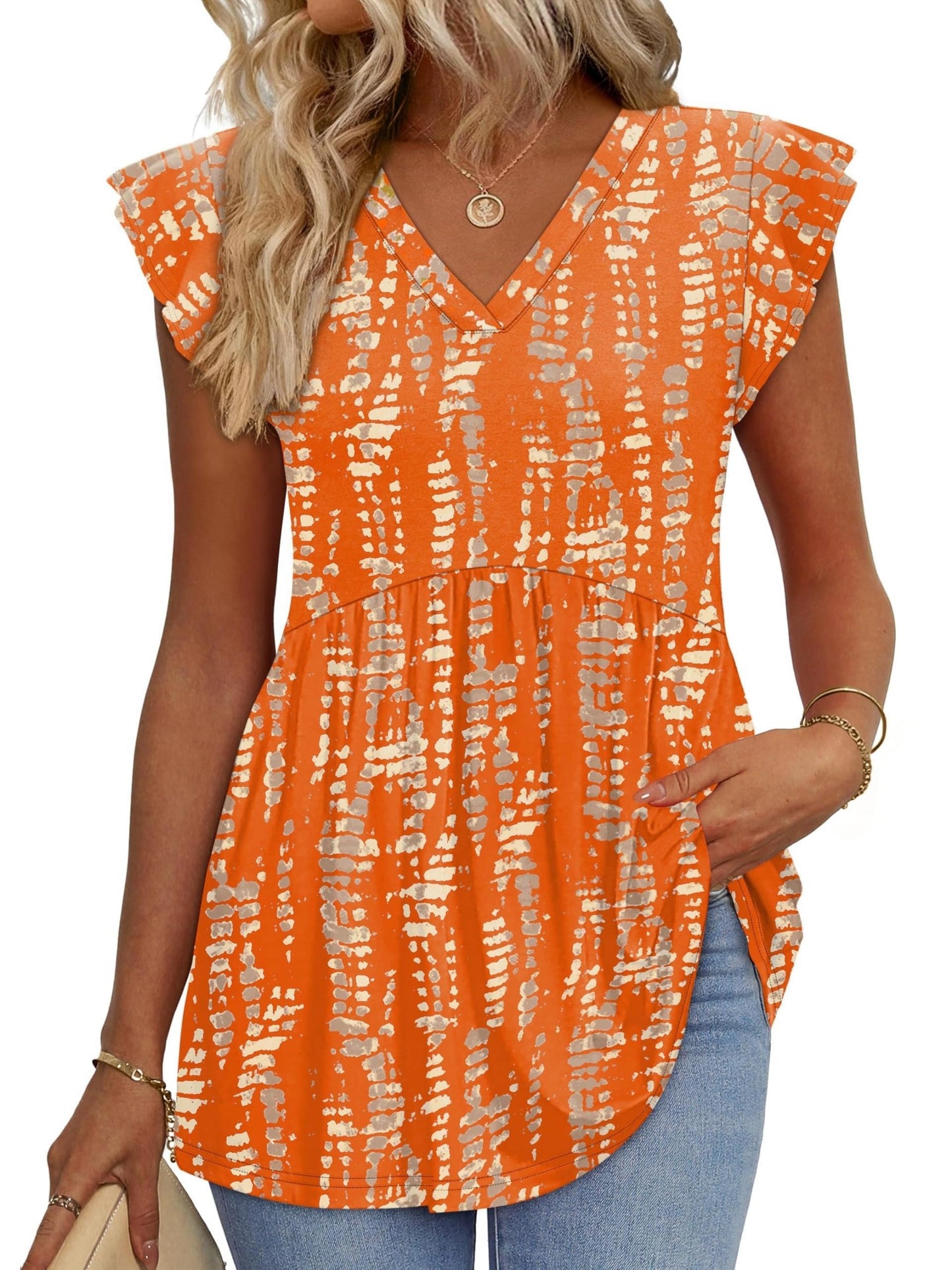 Casual Summer V-Neck Ruffle Sleeve Babydoll Shirt