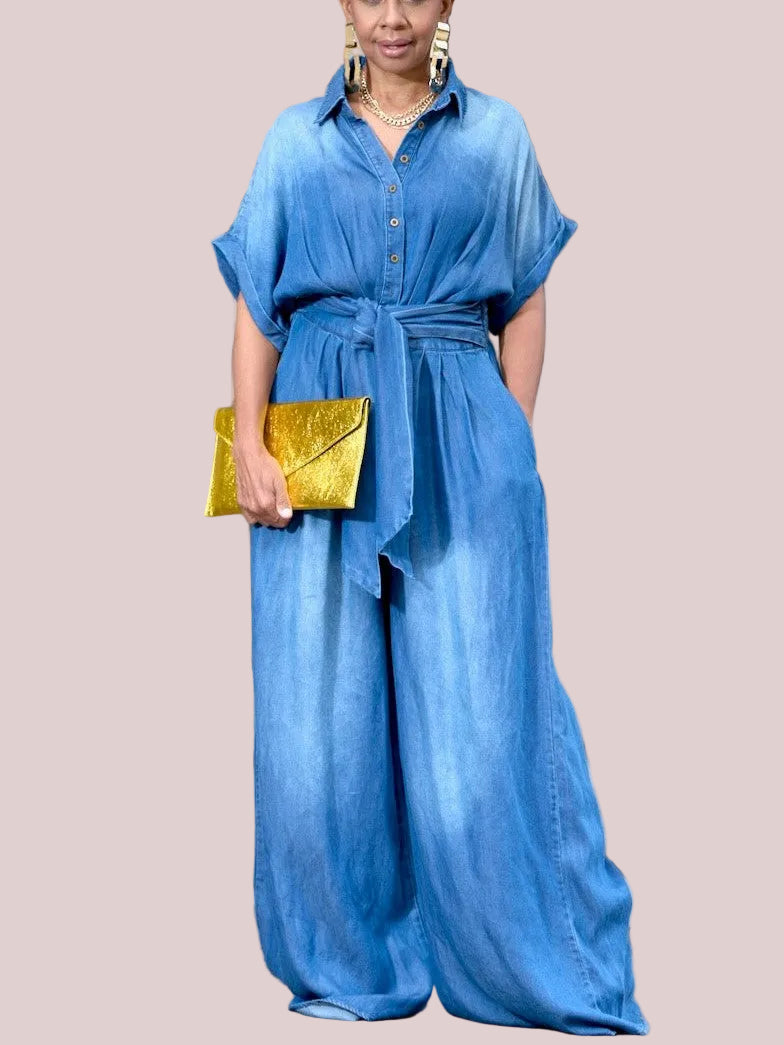 Women's Tie-Waist Wide-Leg Denim Jumpsuit