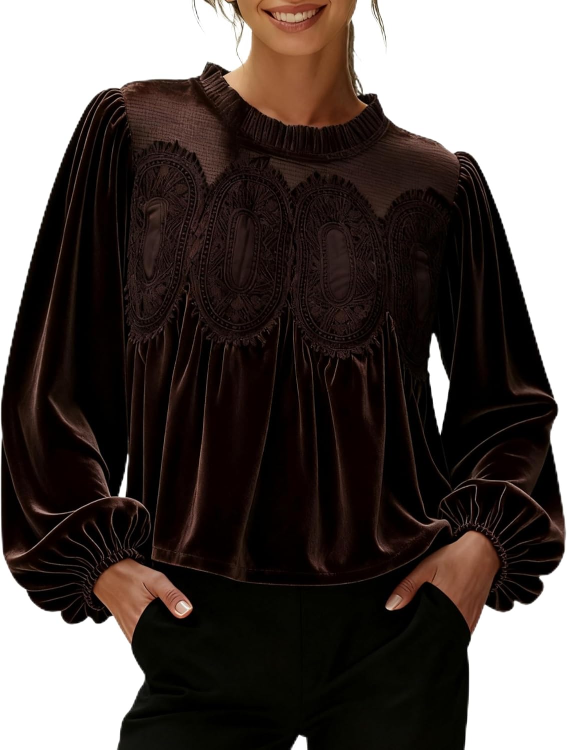 Women's Long Sleeve Velvet Lace Blouse