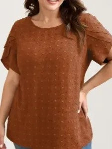 Women's Dot Textured Petal Short Sleeve Blouse