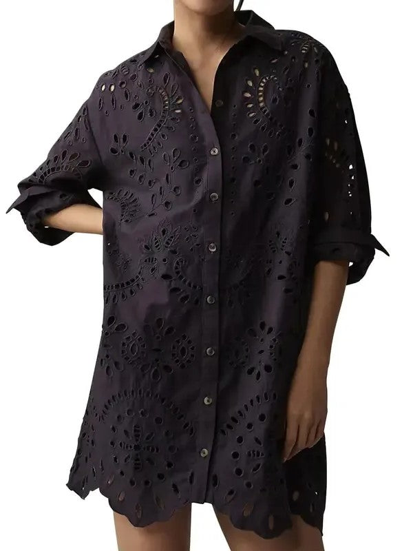 Women‘s Eyelet Lace Button Down Shirt Dress