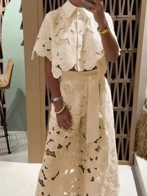 Women's Floral Eyelet Lace Crop Shirt & Wide Leg Pants 2 Piece Set