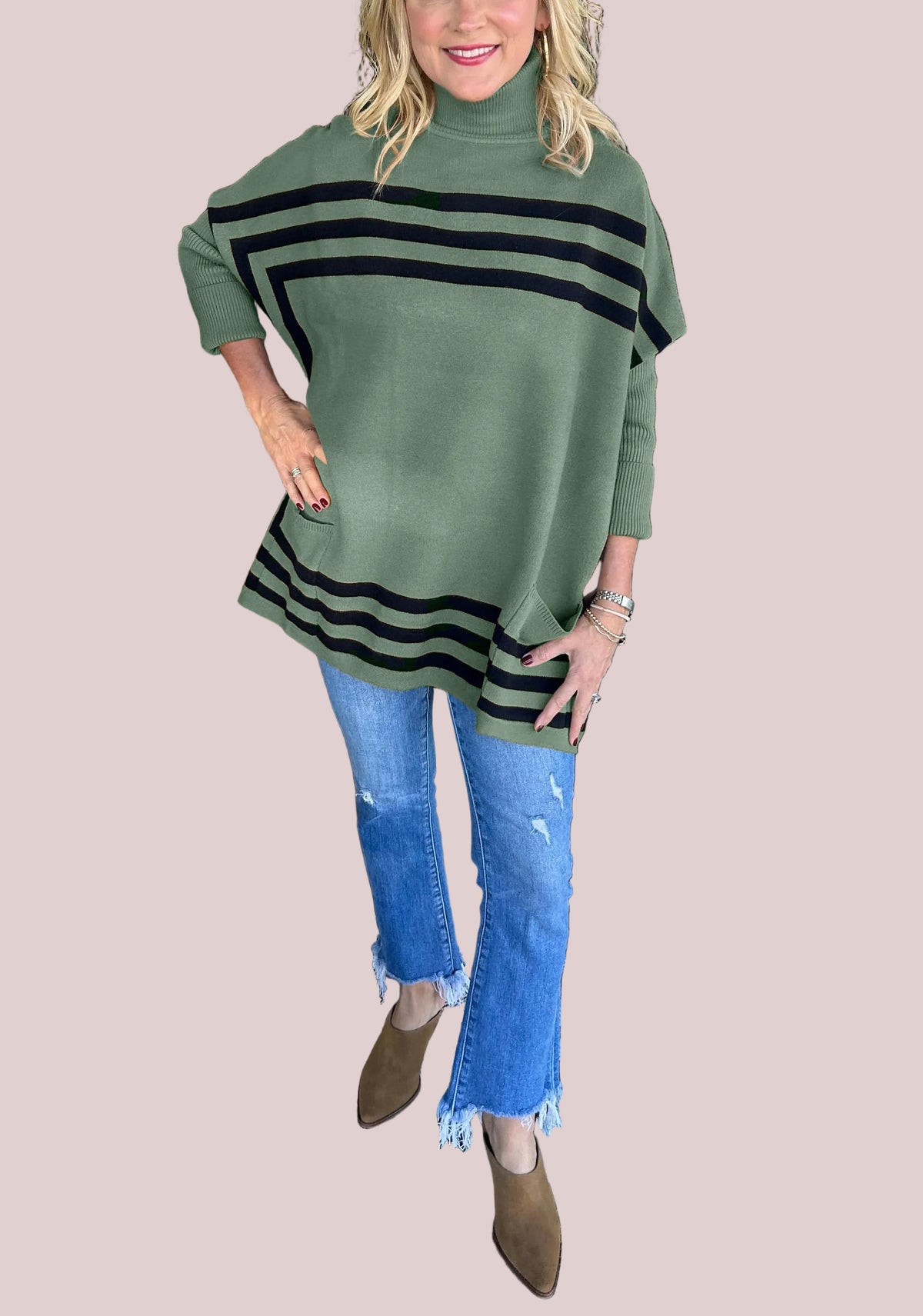 Women's High Neck Bat Sleeve Striped Sweater