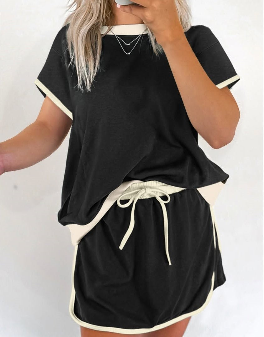 Women's Colorblock Edge Drop Shoulder T-Shirt Skort 2Pcs Set