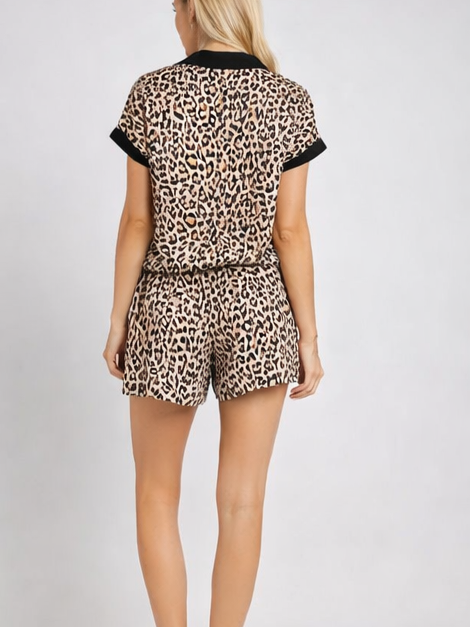 Women's Summer Leopard Print Color-Block Casual Two-Piece Set