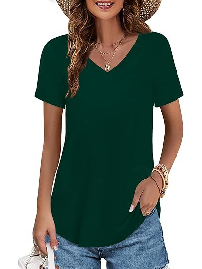 Women's V-neck Short Sleeve Curved Hem Tee Top (Buy 3 Free Shipping)