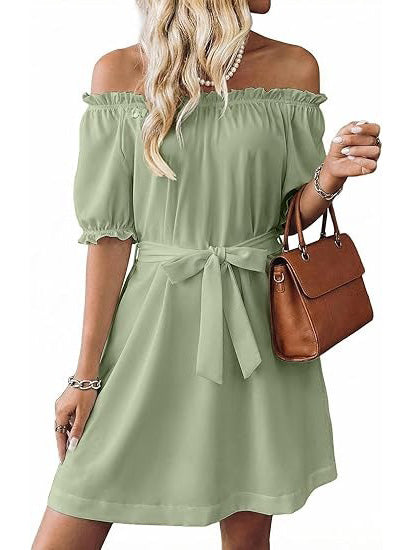 Women's Off The Shoulder Ruffle Sleeve Belted Dress