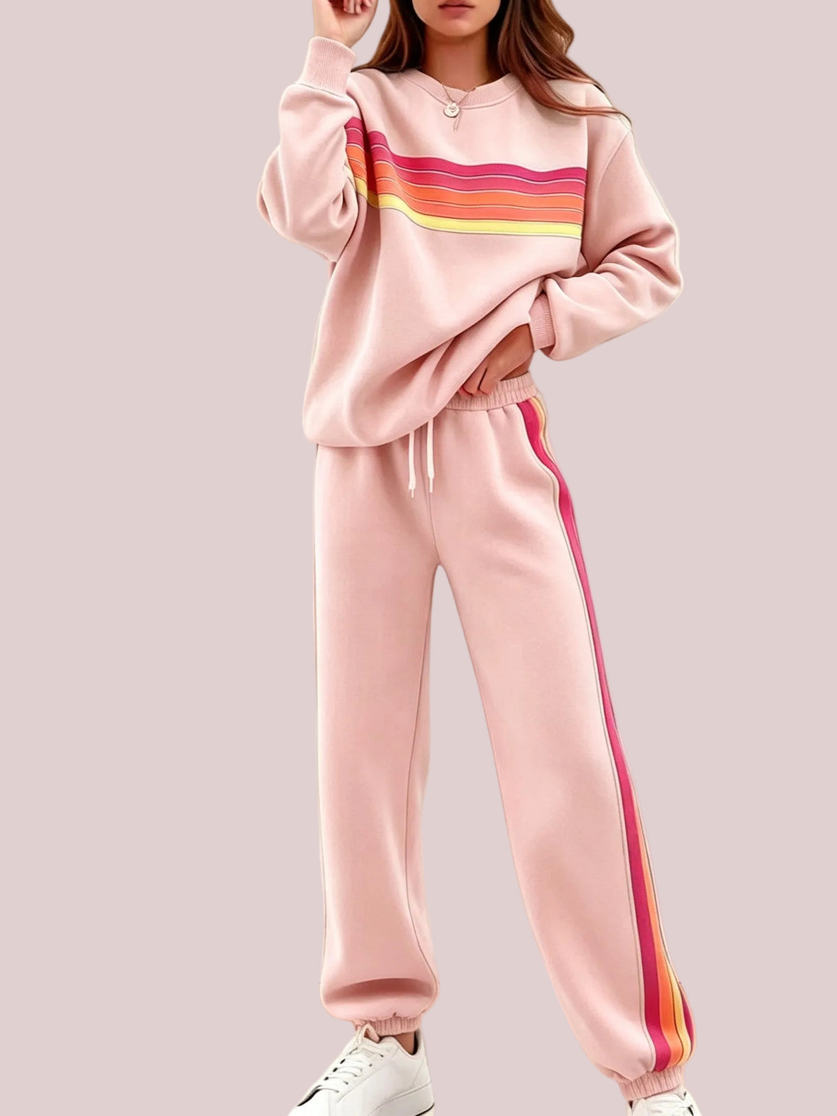 Women's Retro Striped Long Sleeve Sweat Top & Jogger Pants Two‑Piece Set