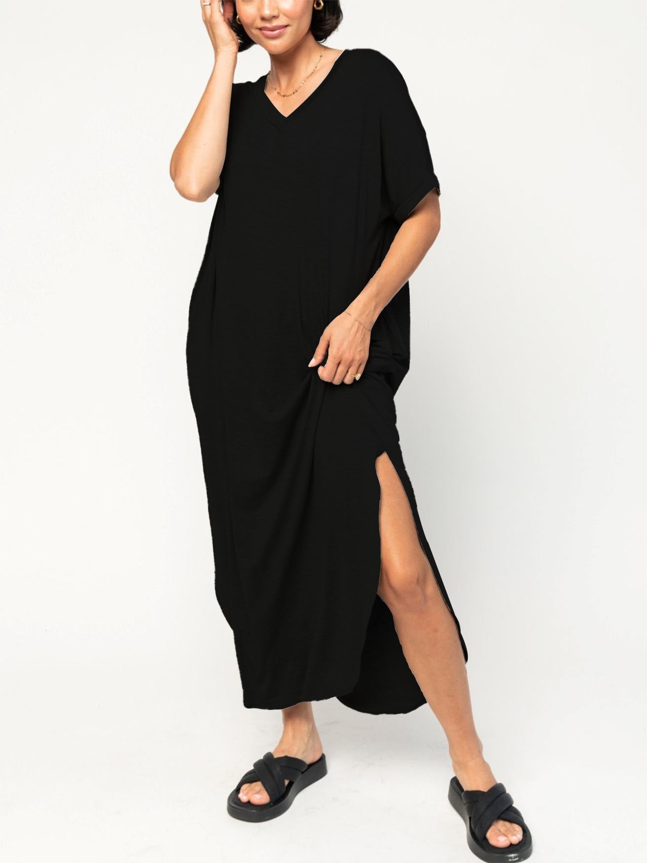 Women's Loose V-neck Split T-shirt Dress