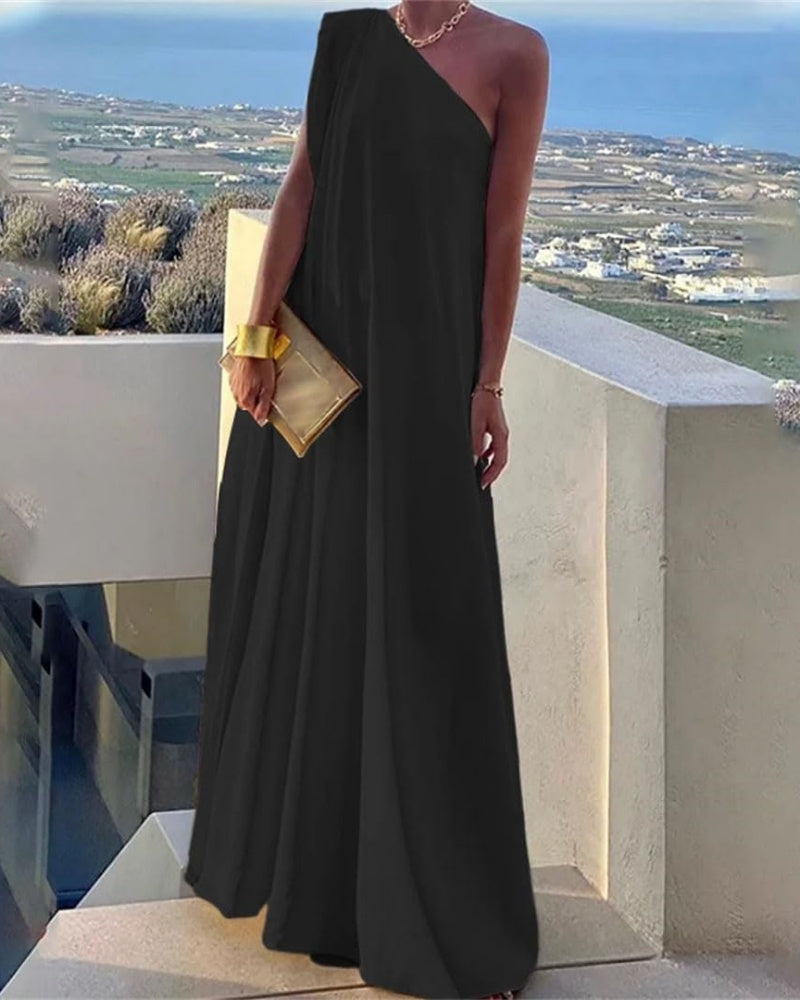 Women's Loose Asym Solid Split One-Shoulder Maxi Dress