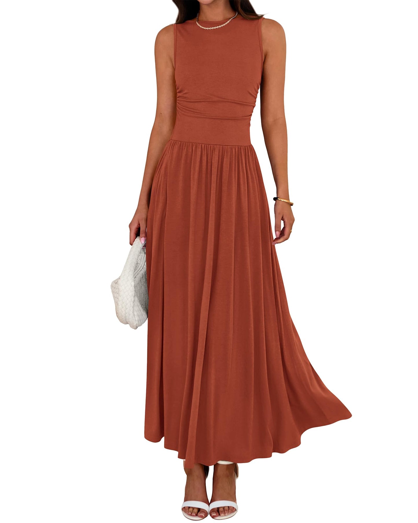 Women's Solid Sleeveless Ruched High Waisted Tank Dress with Pockets