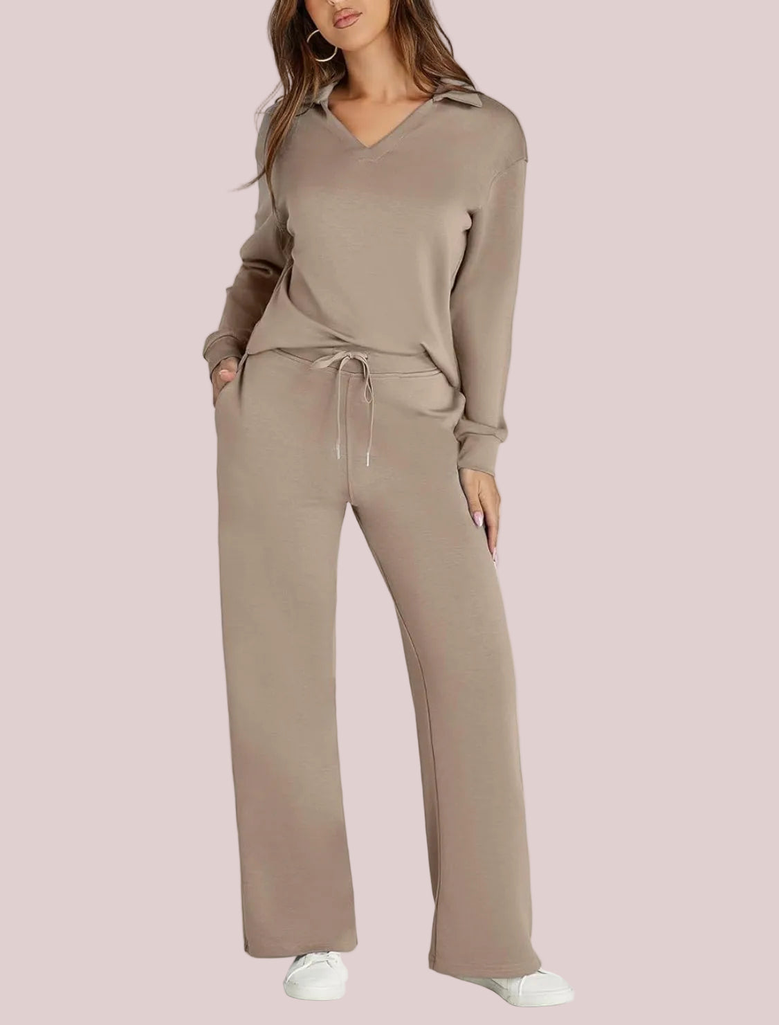 Women's Casual Polo Top and Wide Leg Pants Matching Sets