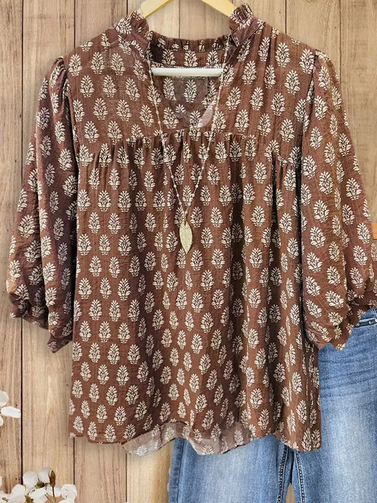 Women's V-Neck & Stand Collar Printed 3/4 Sleeve Blouse