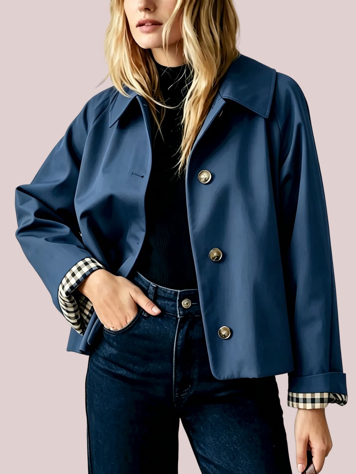 Women's Cropped Trench Jacket With Plaid Cuff Lining