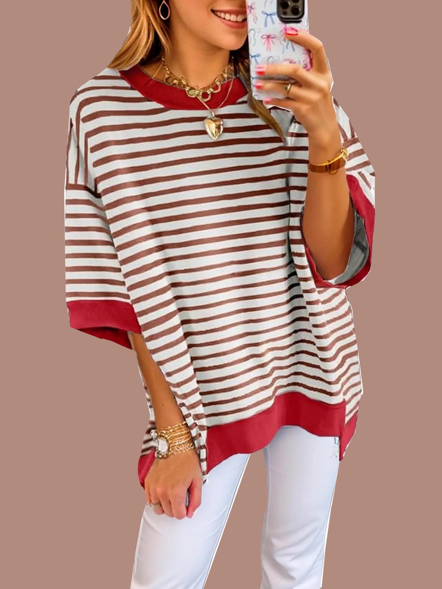 Women's Oversized Striped Color Block Half Sleeve Tops