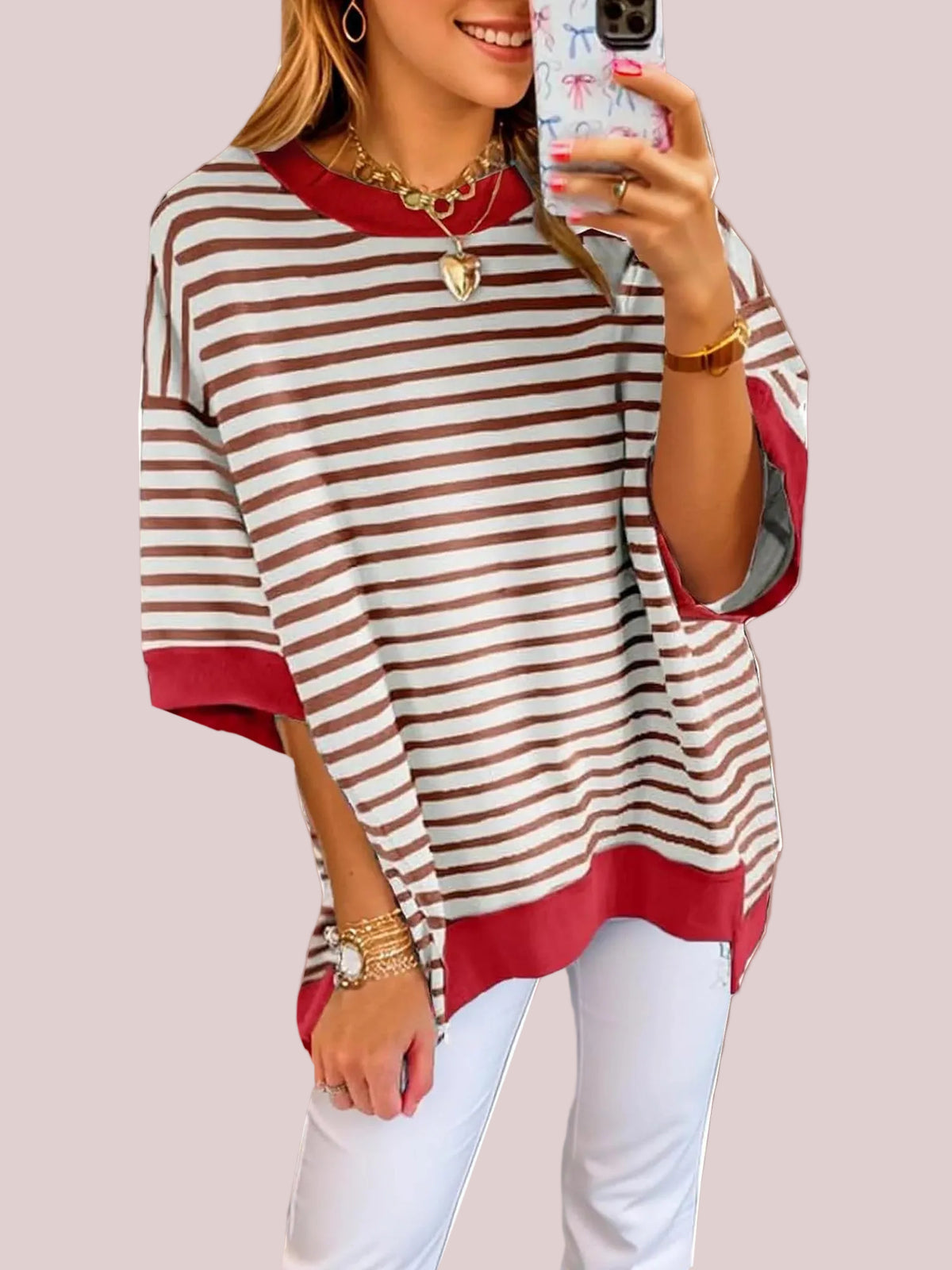 Women's Oversized Striped Color Block Half Sleeve Tops