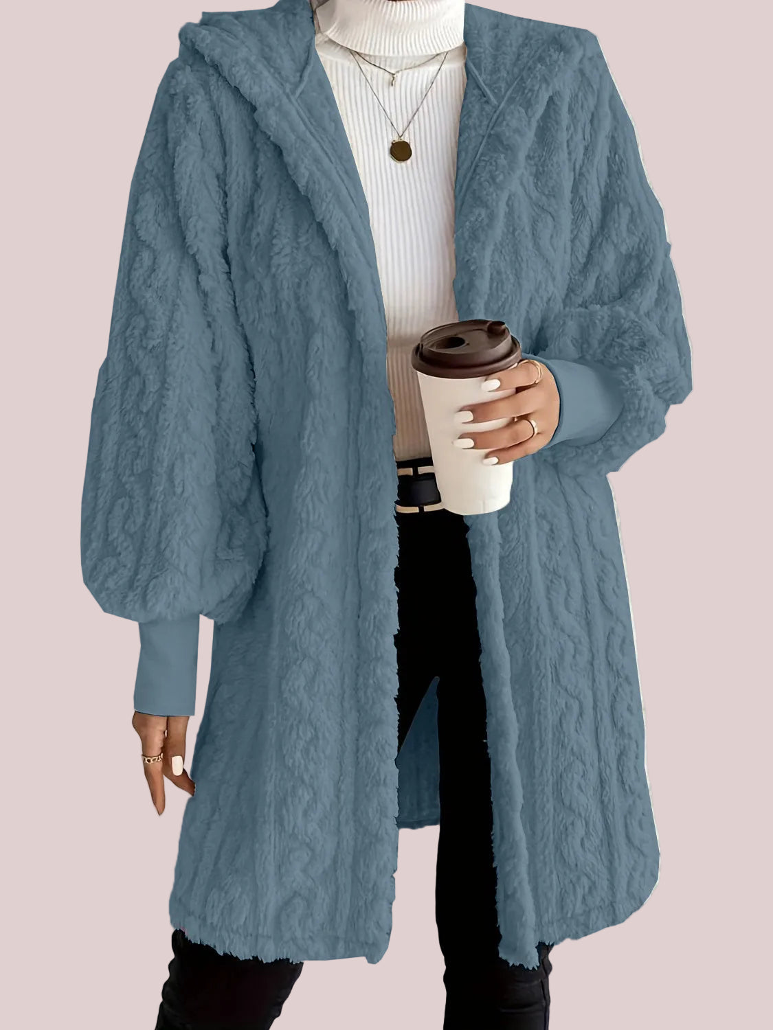 Women's Plush Fleece Soft Midi-Length Jacket with Pockets