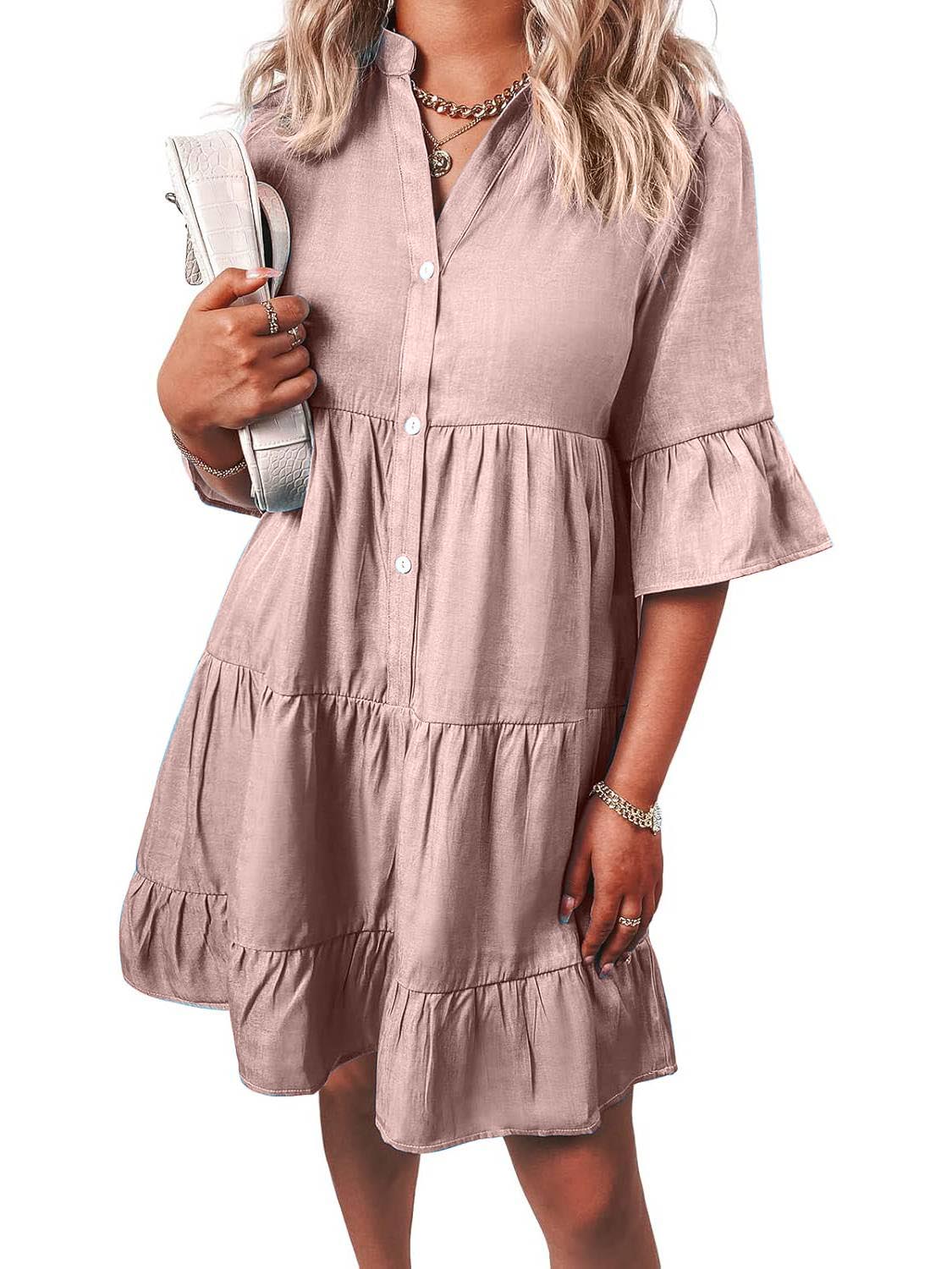 Women's Casual V Neck Ruffle Short Sleeve Summer Dress