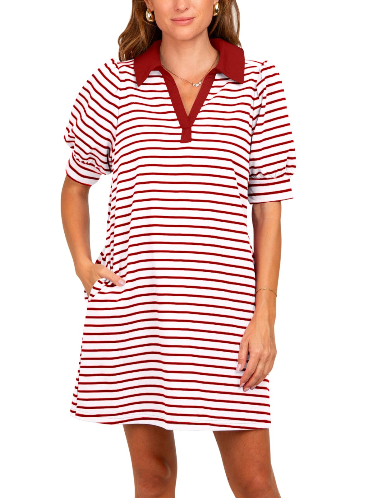 Women's Striped Puff Polo T-shirt Dresses with Pockets