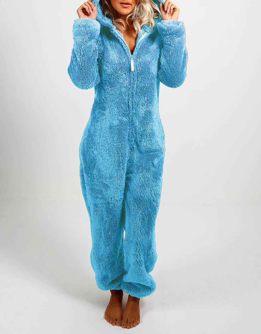 Women's Pajamas Furry Zipper Jumpsuit Hooded Pajamas