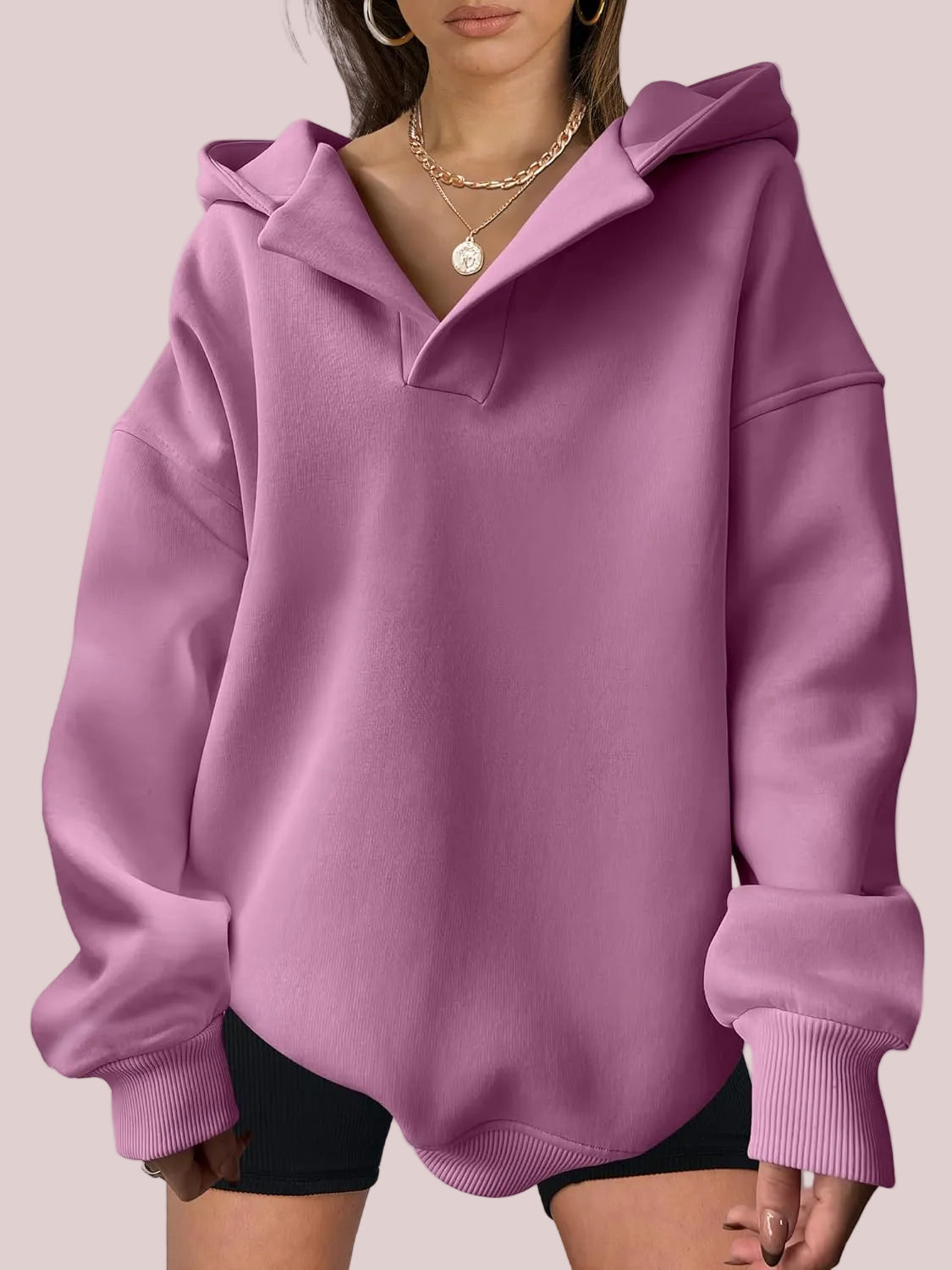 Women's Oversized V-Neck Hooded Pullover