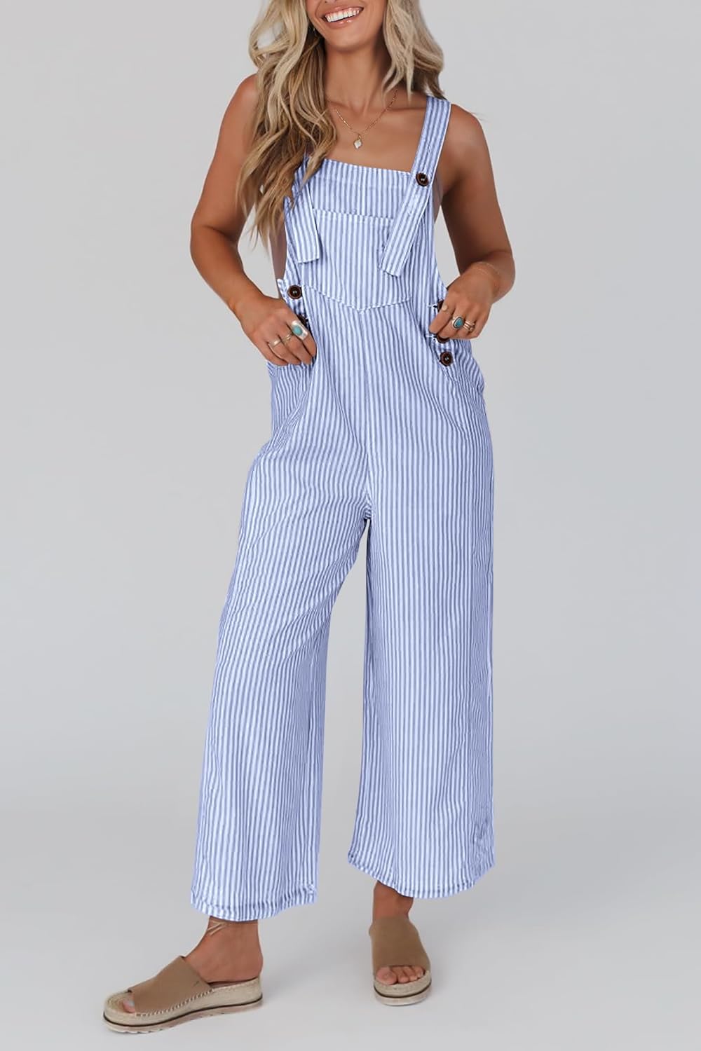 Women's Button Striped Wide Leg Jumpsuit
