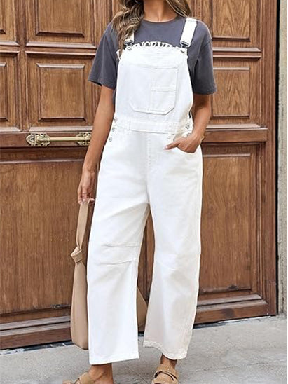 Women's Barrel Leg Denim Overalls with Pockets