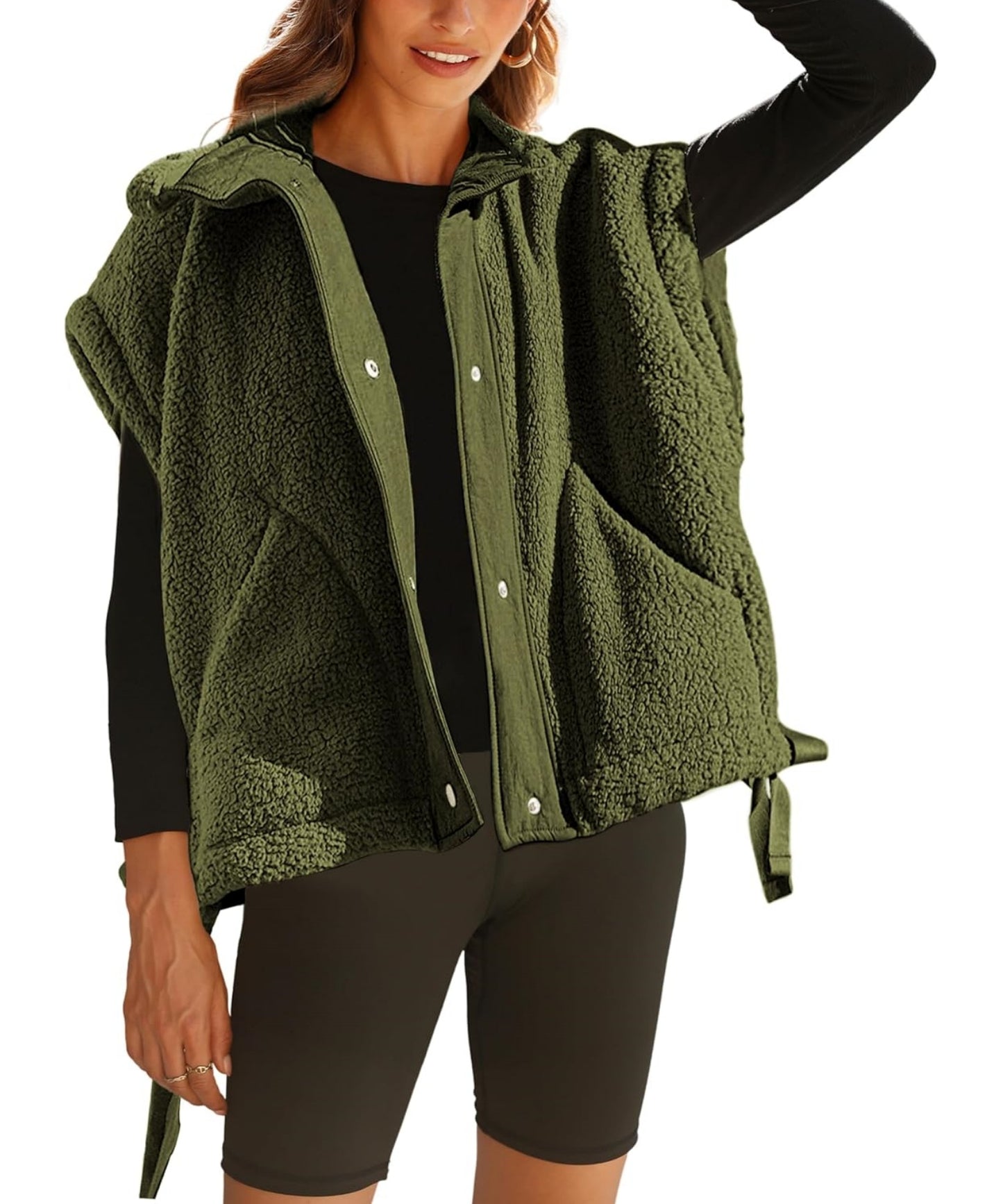 Women's Button Paneled Teddy Fleece Vest Jacket