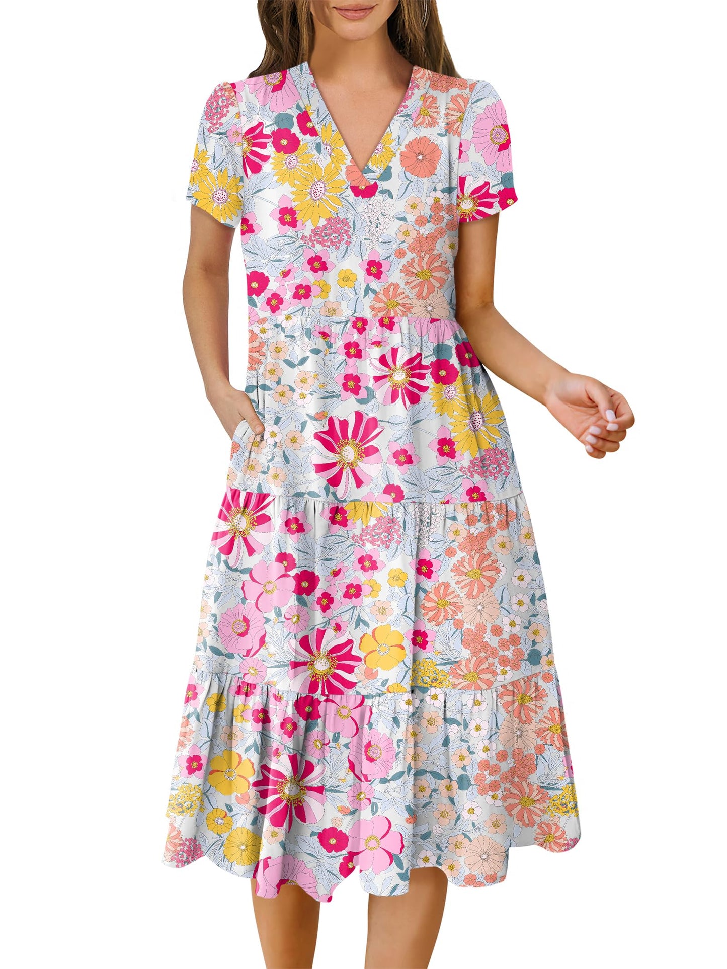 Women's Summer Casual Short Sleeve V Neck Tiered Midi Dress
