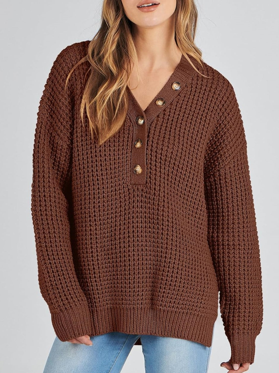 Women's Waffle Side Slit Knit Sweater