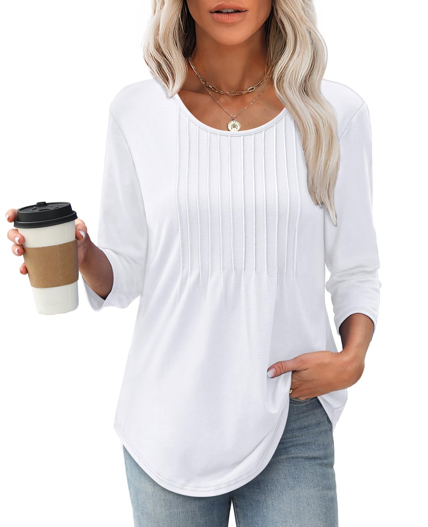 Women's 3/4 Length Sleeve Crewneck Casual Pleated Tunic Tops