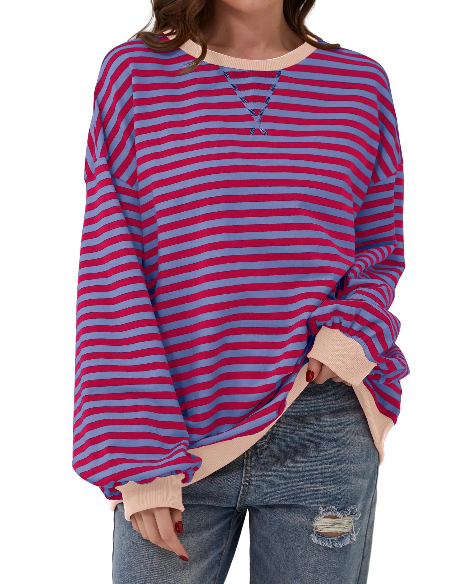 Women's Oversized Striped Long Sleeve Sweatshirt