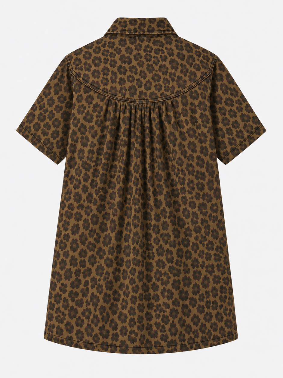 Leopard Print Half-Button Down Tunic Dress with Pocket