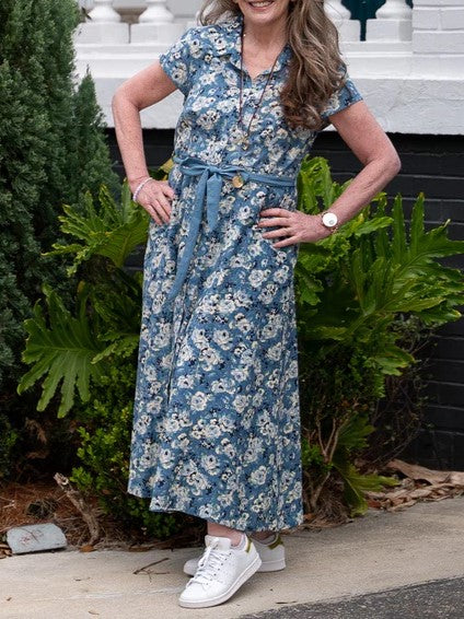 Women's Button-Down Belted Floral Pastoral Midi Dress