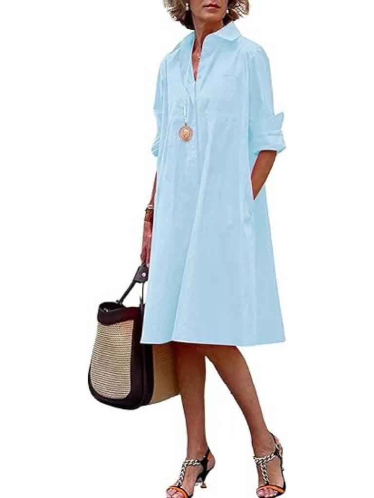 Women's Classic Button Down Shirt Dress with Pockets