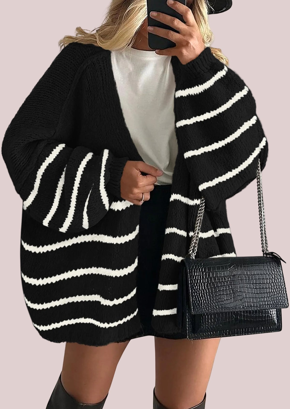 Women's Oversized Balloon Sleeve Striped Cardigan